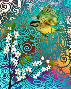 Pássaro com flores de cerejeira, 2014, (telefone digital de mídia mista)